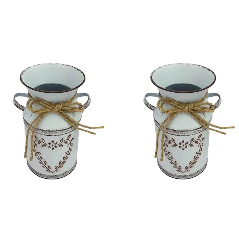A19F-2X Rustic Metal Flower Vase Farmhouse Vintage Shabby Chic Galvanized Can Jug French Bucket Flower Holders