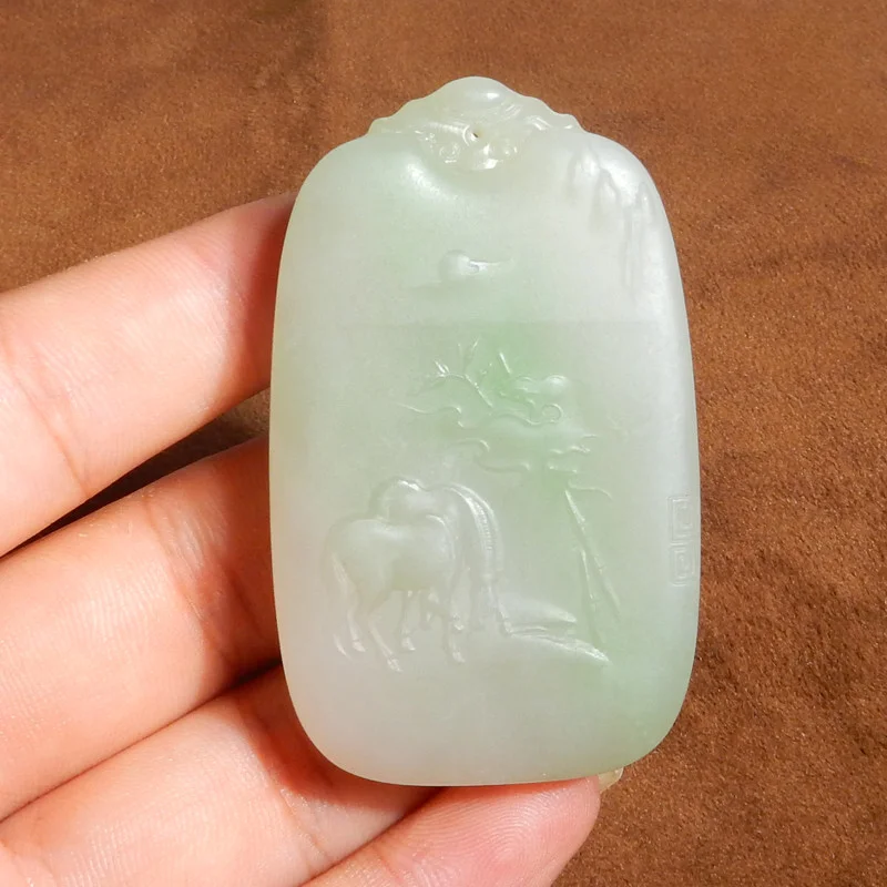 Old Pit Material White Jade Green Double-sided Landscape Artistic Conception Brand Pendant