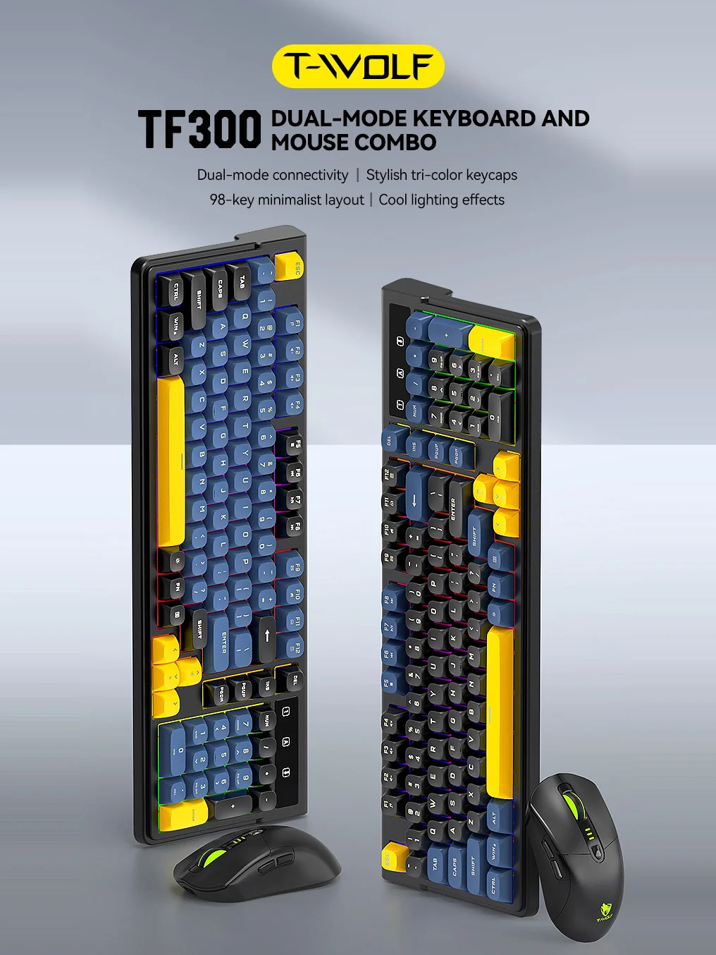 T-wolf TF300 98 Keys Wireless Keyboard and Mouse Combo 2.4G Bluetooth Ergonomic 12800 DPI Rechargeable Gaming Set for PC Laptop