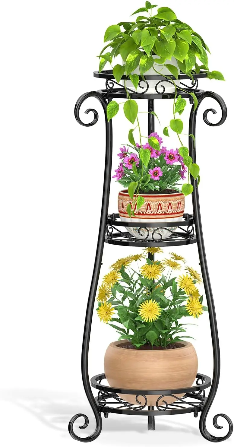 

3-Tier Black Metal Plant Stand for Large Plants Indoor Outdoor, Heavy Duty Tall Flower Rack for Patio Office Corner