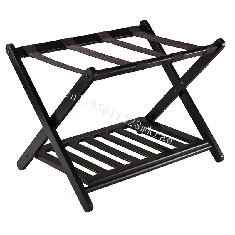 

New Durable Space-Saving Folding Wooden Luggage Rack Shoe Rack Sturdy Black Strap Frame Bamboo Hotel Home Storage
