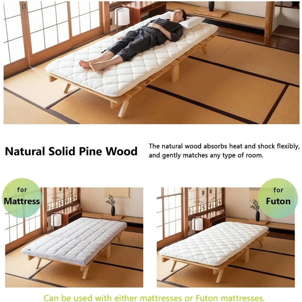 إطار سرير أرضي شرائحي من الخشب قابل للطي OSMOS صنوبر صلب مزدوج (طبيعي للأرض)، سهل التجميع وموفر للمساحة وأرضية قابلة للتخزين من تاتامي