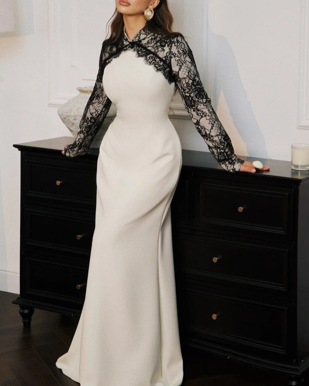 

Customized Elegant Women Jersey Lace Pleat Mermaid Evening Dress High Quality High Collar Long Sleeves Floor Lenght Party Gowns