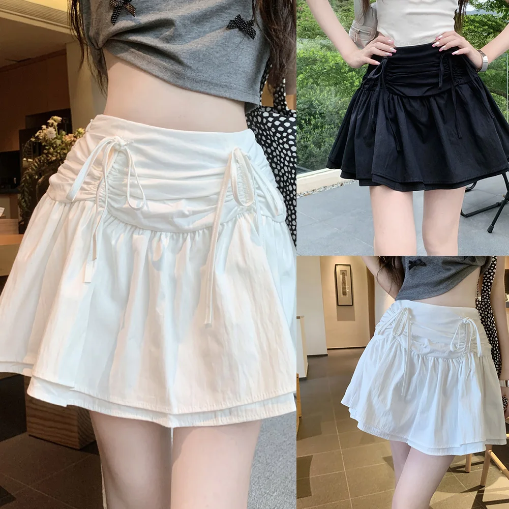 عارضة الساخن فتاة الزي الربيع أزياء عارضة تنورة القوس الأسود مطوي تنورة الزي اليومي نمط الصلبة مرونة قليلا #6