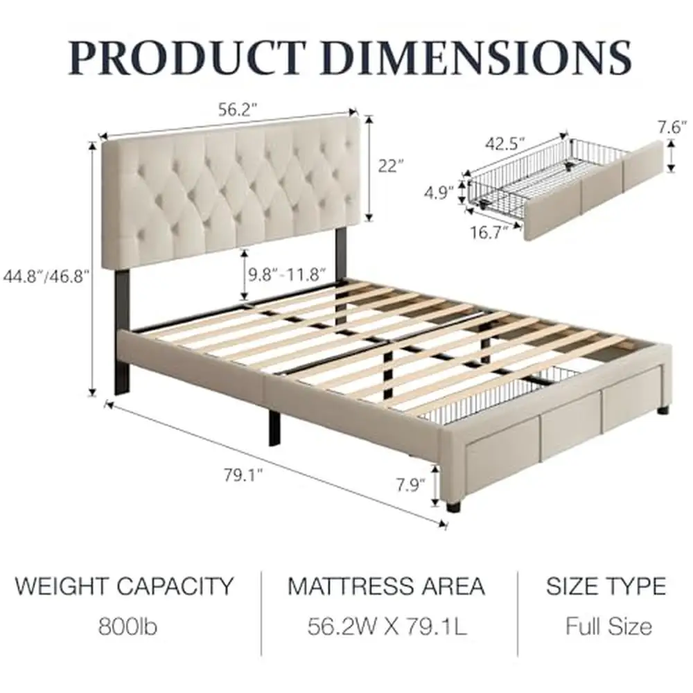 Full Size Upholstered Bed Frame with Adjustable Headboard and Storage Drawers Squeak Resistant Easy Assembly