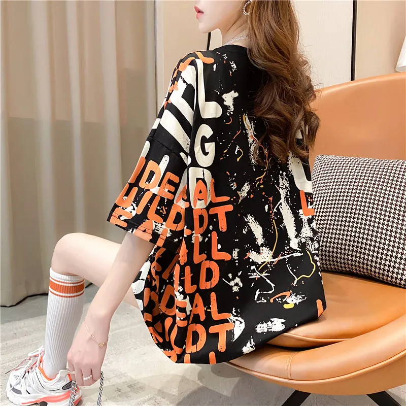 2024 Women Casual Short Sleeve Letter Print T-Shirts Summer Loose Pullovers Tees Shirts Female Streetwear Base Tees Lady Tops