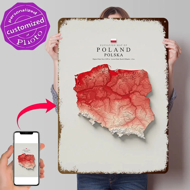 Elevation Map of Poland 3D Printed Texture Poster Personalized Wall Art Retro Metal Tin Signs for Home Decor Room Accessories