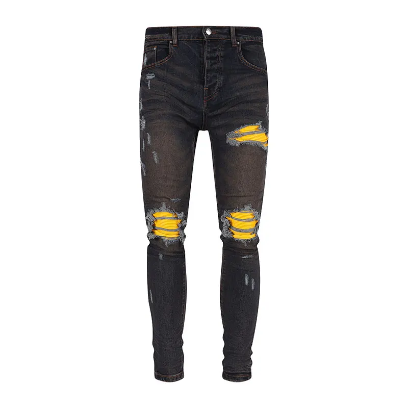 Deep Blue Men's Y2K Fashionable Jeans with Perforated Patches Elastic Slim Fit Tapered Pants
