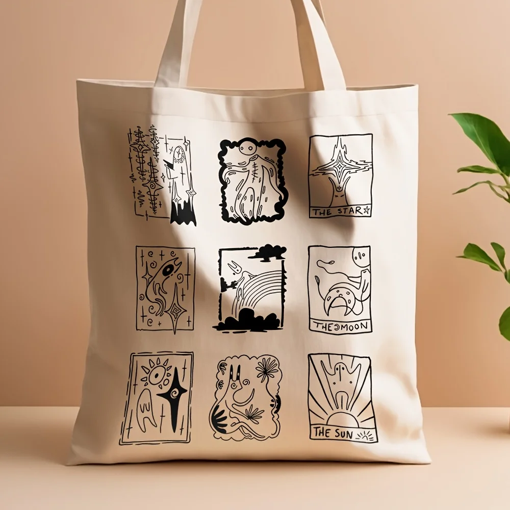 1pc Mystical Tarot Card Design Canvas Tote Bag - Reusable Grocery Bag with Artistic Illustrations of The Moon, Stars & Phases of