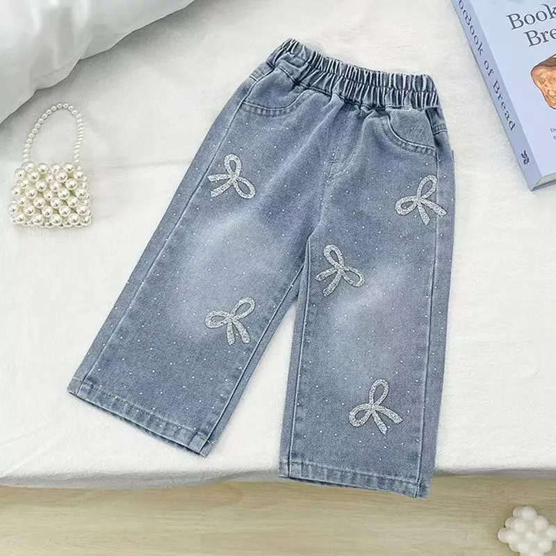 

Children's Straight leg Jeans Spring and Autumn New Collection Girls' Heavy Lndustry Bow Water Washed Soft Jeans Baby Pants