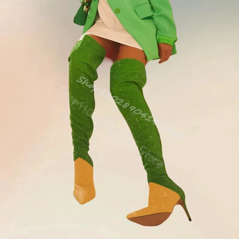 

Green Yellow Rhinestone Decor Pointed Toe Boots Back Zipper Women Shoes Thin High Heels Party Banquet 2025 Zapatos Para Mujere