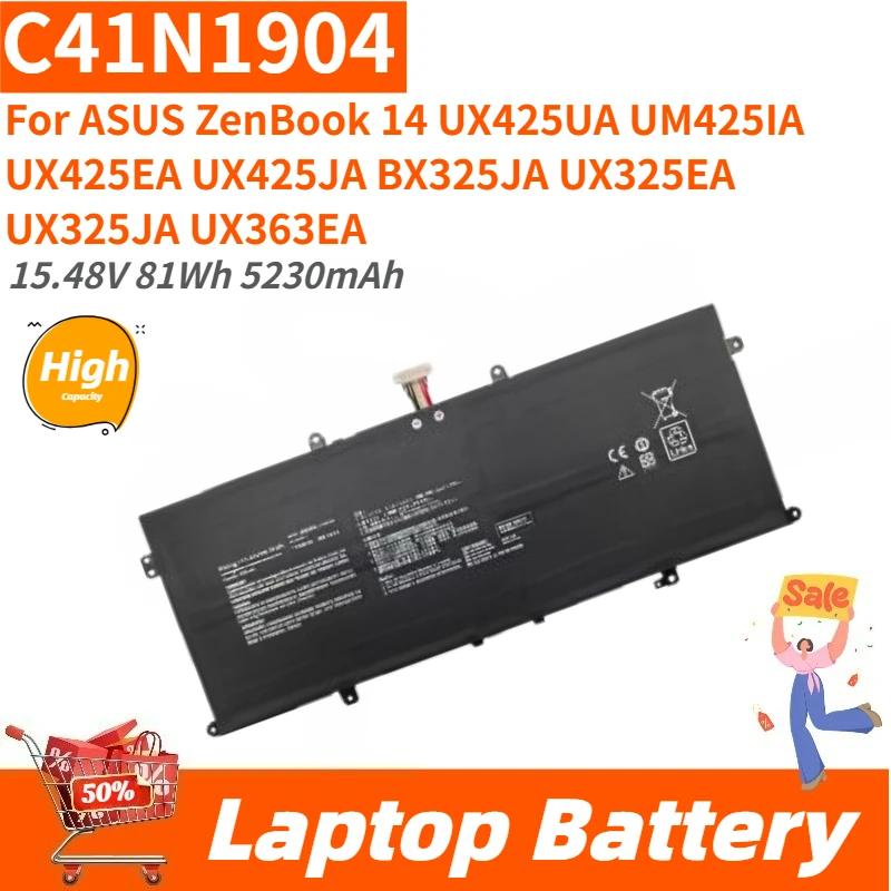 

Высокоемкостная батарея для ноутбука 15.48V 81Wh 5230mAh C41N1904 для ASUS ZenBook 14 UX425JA BX325JA UX425UA UM425IA UX425EA UX325EA