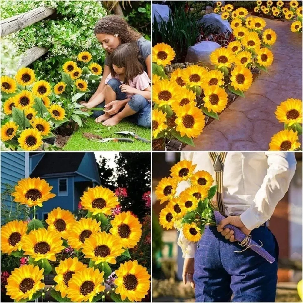 New Solar Powered Sunflower Lawn Lamp Waterproof Simulation Design LED Landscape Light Stake Light Lawn Decoration