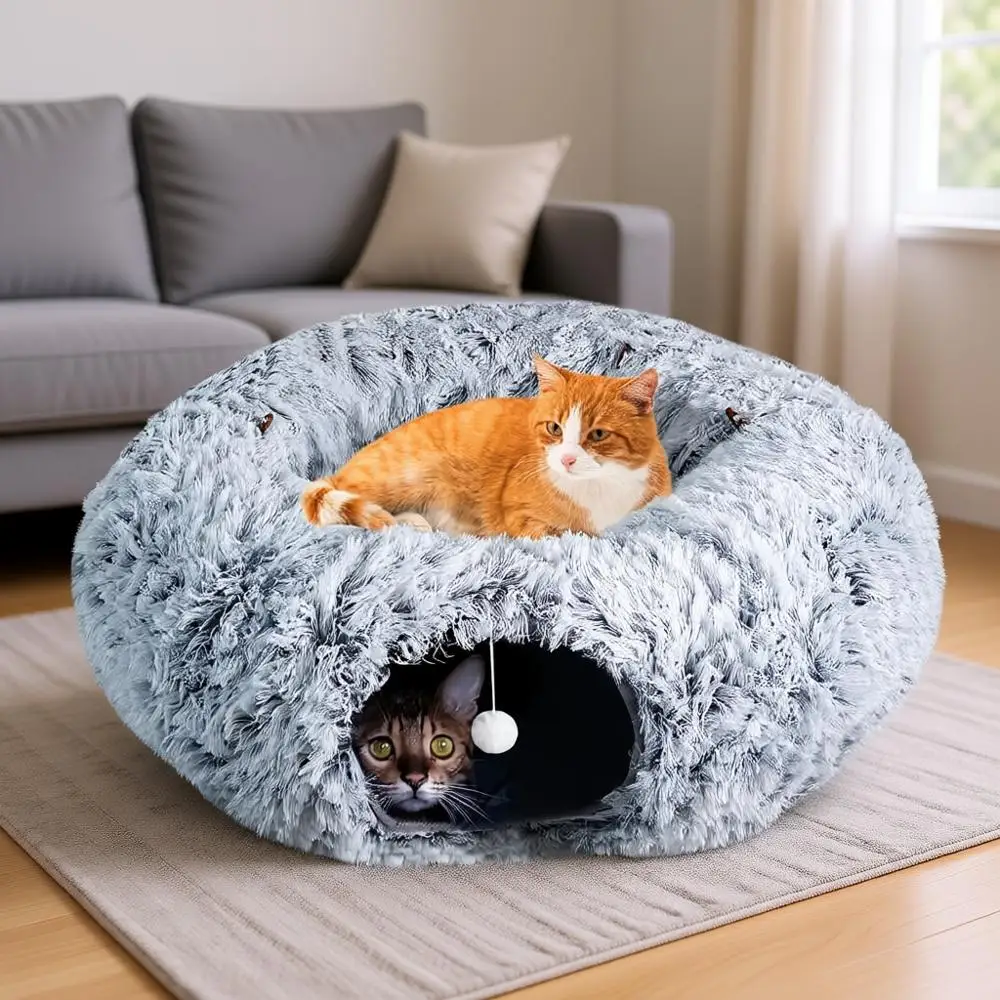 

Cat Tunnels for Indoor Cats, Christmas Tree Grey Cat Tunnel Donut with Washable Circle Cushion, Pet Peekaboo Cave Cat Tunnel Bed