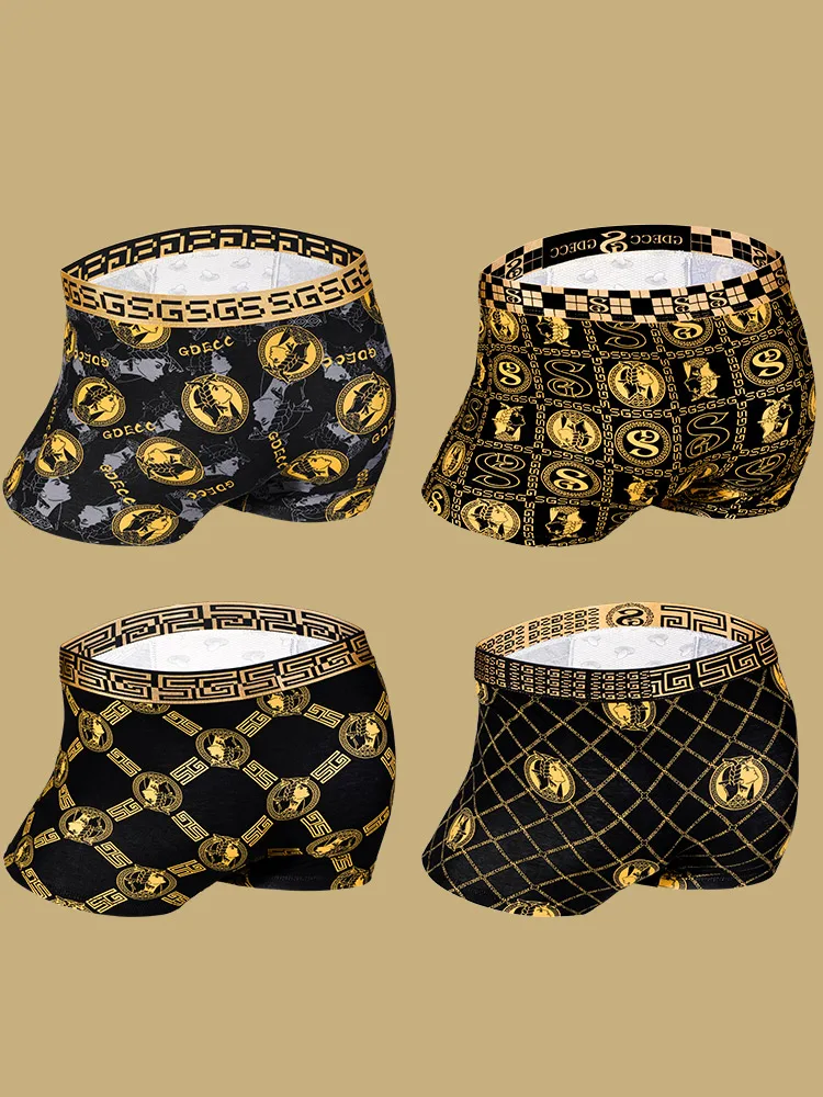 4PCS black gold luxury style portrait pattern gold chain design pure cotton skin-friendly  comfy men\'s boxer with gift box