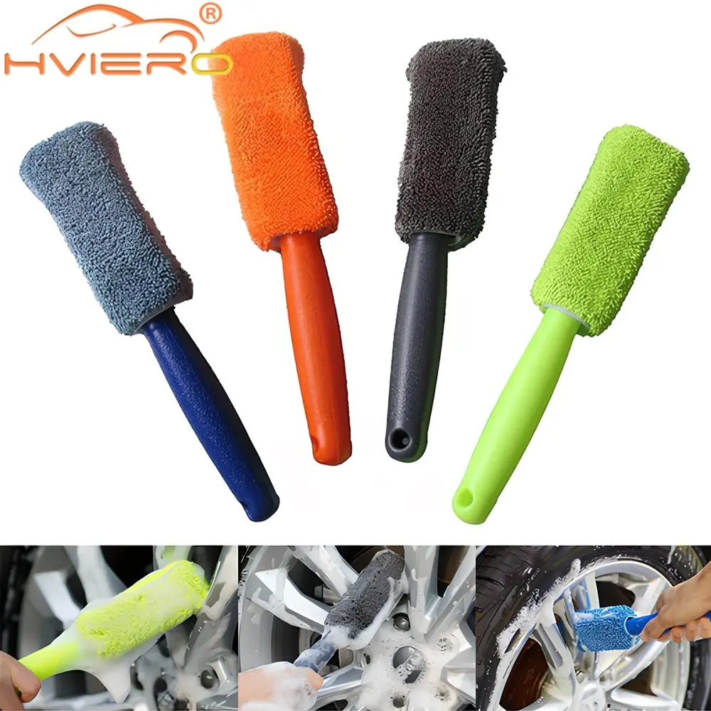 1X Car Wash Portable Microfiber Wheel Tire Rim Brush Cleaning Motorcycles Plastic Handle Auto Cleaner Tools Random Color Brushes