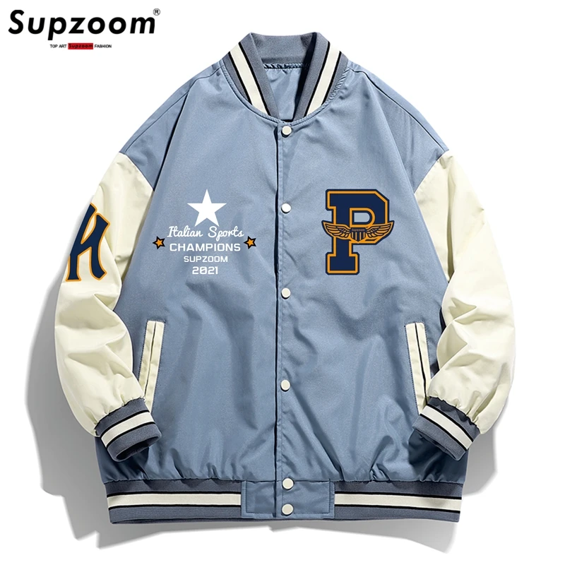 Supzoom-Chaqueta de béisbol con manga de canalé para mujer, cárdigan holgado con estampado de letras y Logo, informal, de un solo pecho, novedad de