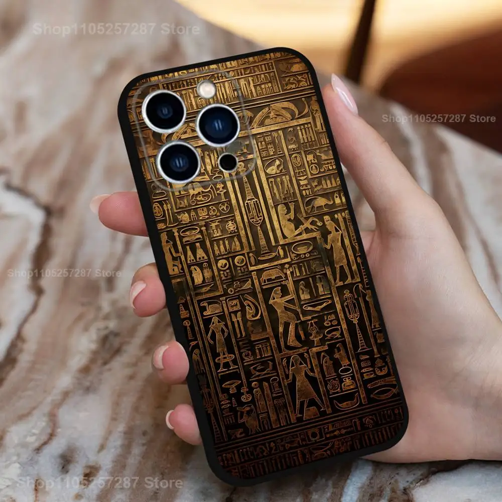 حافظة هيروغليفية فن مصر لهاتف آيفون 15,16,12,14,17,13,11,Plus,Pro Max,8,7,XR,SE,XS,X,Mini,Soft Silicone Black