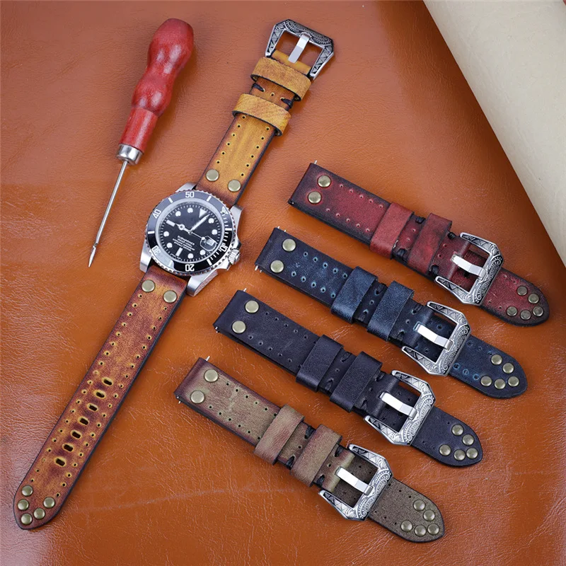 

Cowhide Polished Retro Watch with Genuine Leather Men's 20 22 24mm Nail Willow Top Layer Leather Strap Flower Buckle Accessories