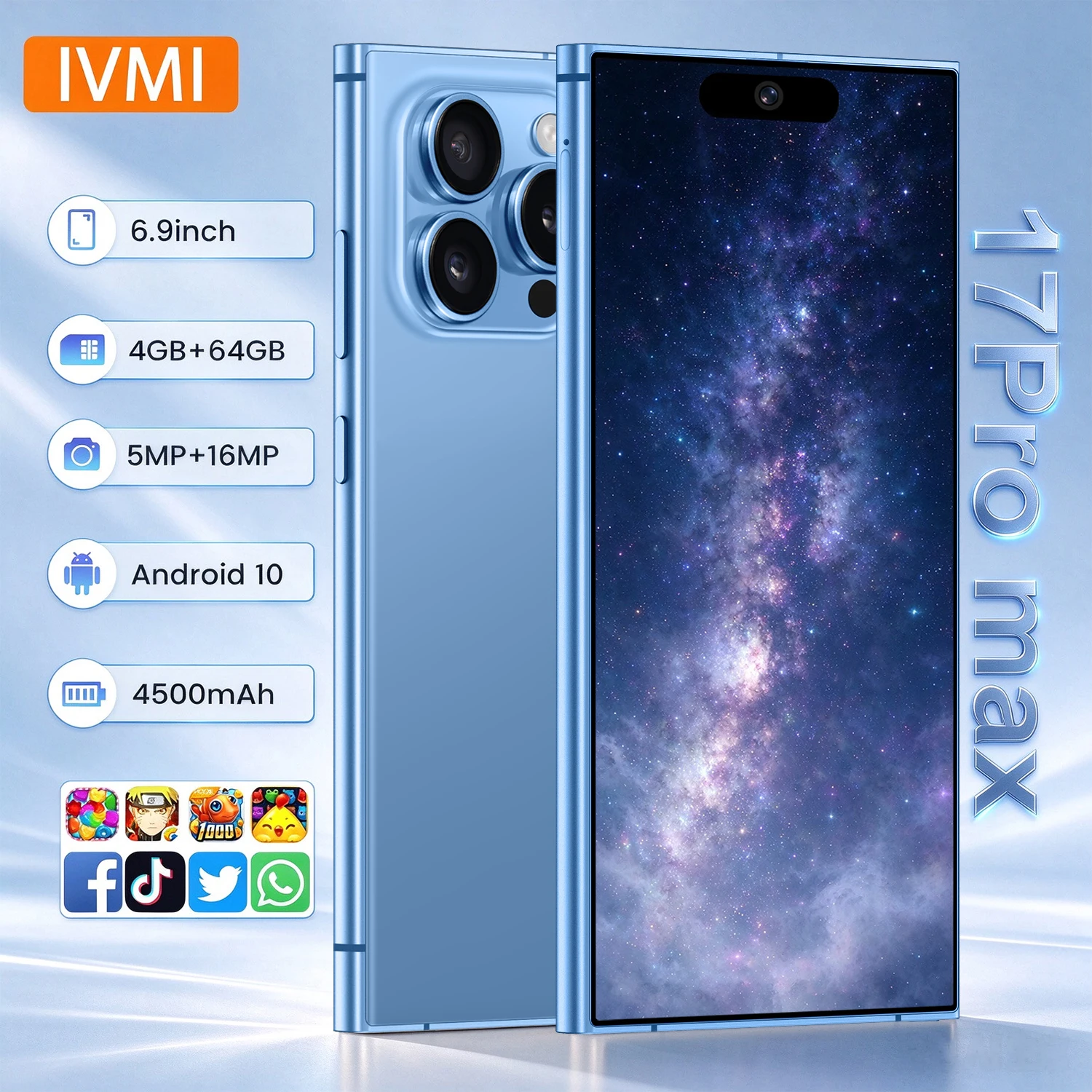 IVMI Global Version Smartphone Cheap 17Pro Max 4GB+64GB Face Unlock Dual SIM Android 6.9