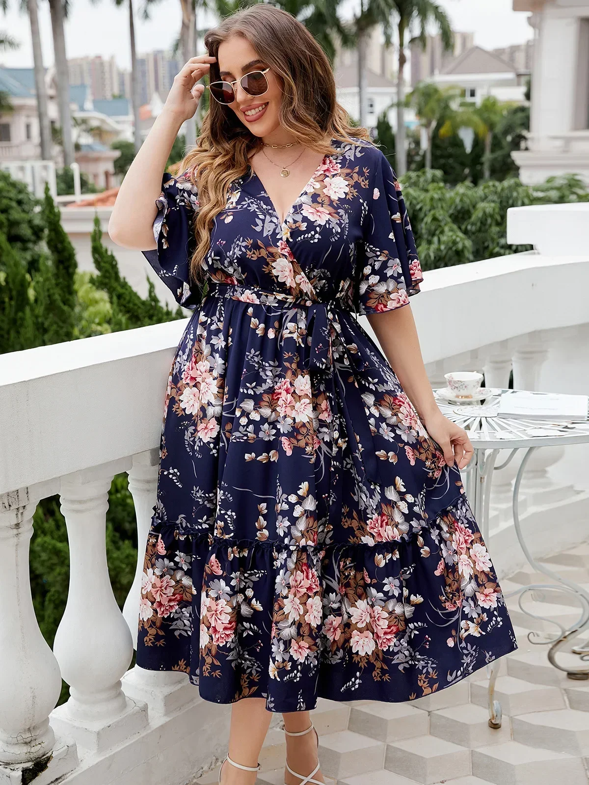 Plus Size Womens Deep V Neck Ruffle Sleeve Dress Wrap Belt Blue Robe Summer Casual Cocktail Party Work Swing A-line Sundress