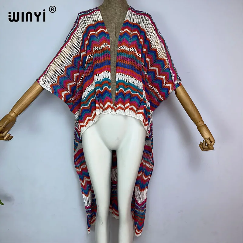 WINYI summer Africa Women coat irregolare elegante Boho maxi beach Swimming Cover Up Hollow sexy cappotto con stampa a righe lavorate a maglia