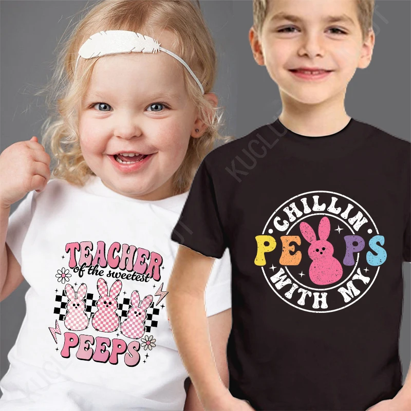 Chillin with My Peeps Print Shirts for Women Kids Clothes Easter Bunny T-shirts Retro Easter Design Tshirt Short Sleeve Clothes