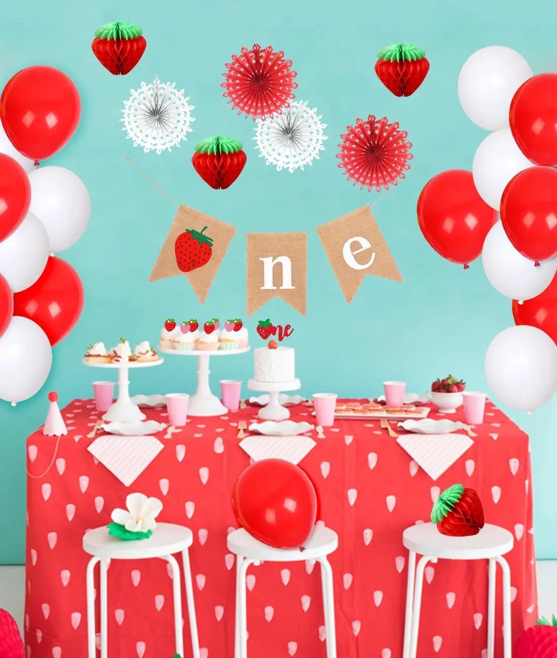 Joymemo Strawberry Theme 1st Birthday Party Decoration Set for Baby Girl 1 Year Old with One Cake Topper Banner Strawberry