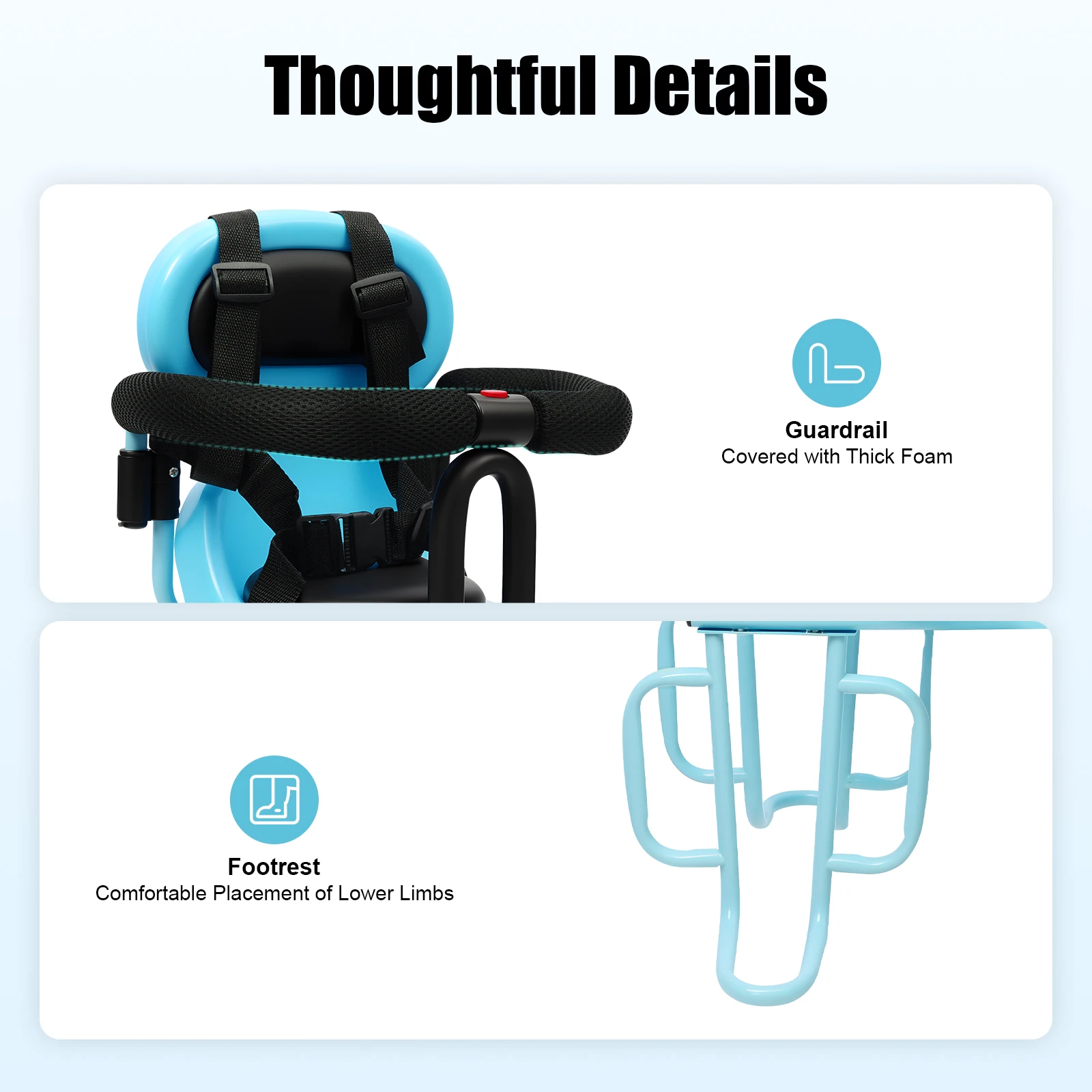 Rear Child Bike Seat Attachment for Adult Bike with Seat Cushion with U-shaped Guardrail and Wider Footrest for Children, Blue