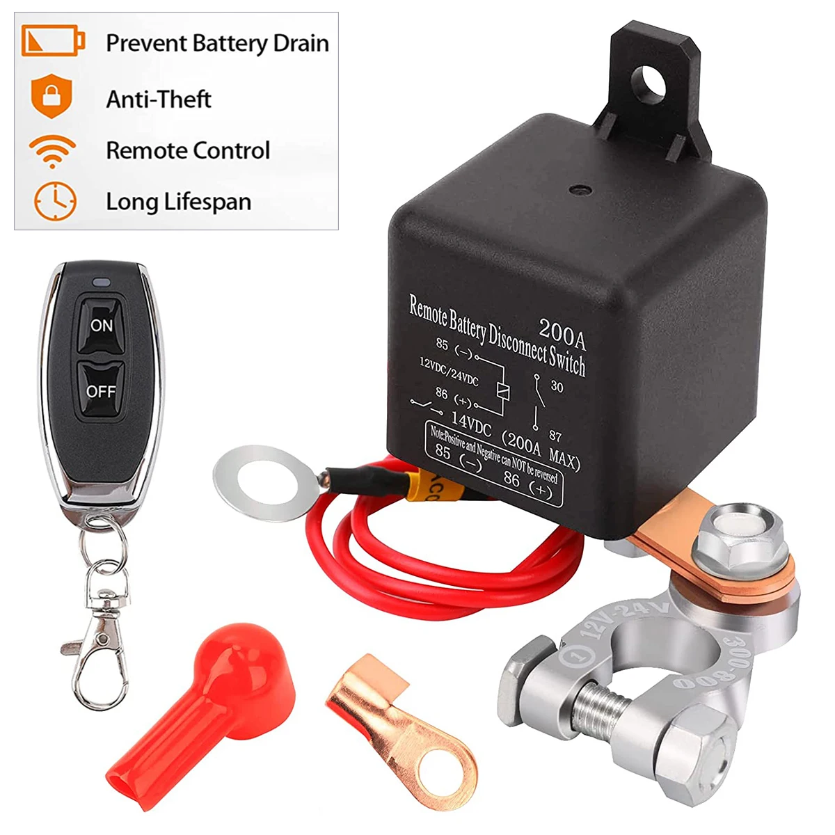 Remote Battery Disconnect Switch 12V 200A Battery Cut Off Switch Relay Anti-Theft Remote Control Kill Switch for Car Boat RV Van