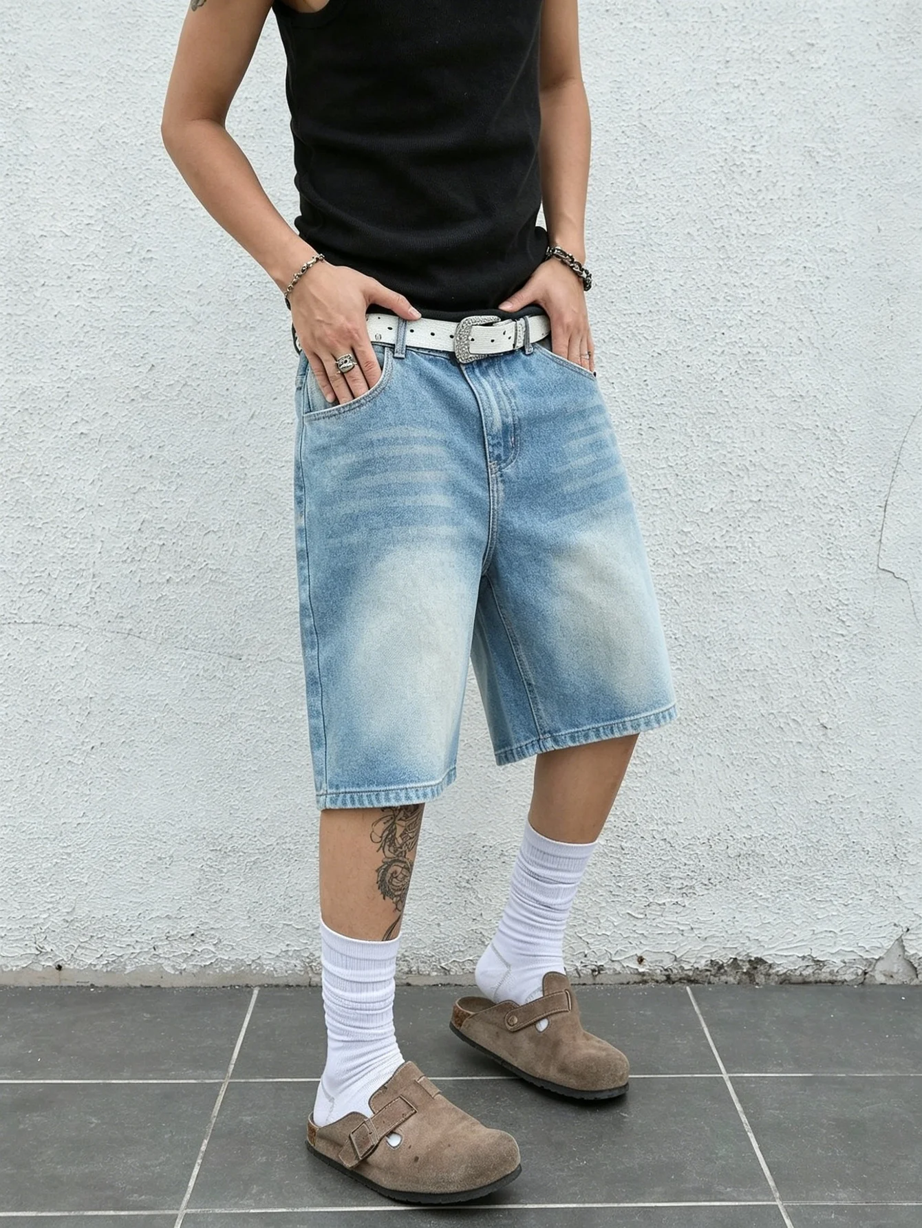 Simple casual blue non stretch jorts men loose shape breathable cloth outdoor leisure daily wearing clothes