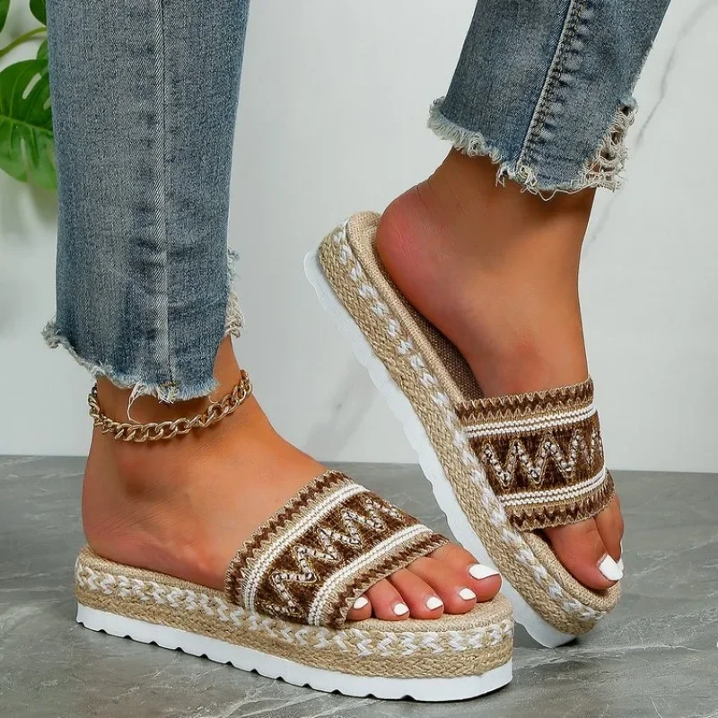 Women Slippers Summer Outdoor Beach Sandals Bohemian Ethnic Style Handmade Espadrilles Platform Slippers Flip Flops Women Shoes