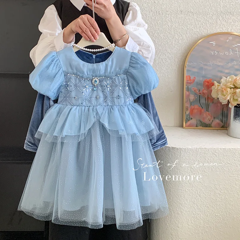 

Girls Autumn and Winter New Cotton Sequined Velvet Christmas Puff Sleeve Princess Dress