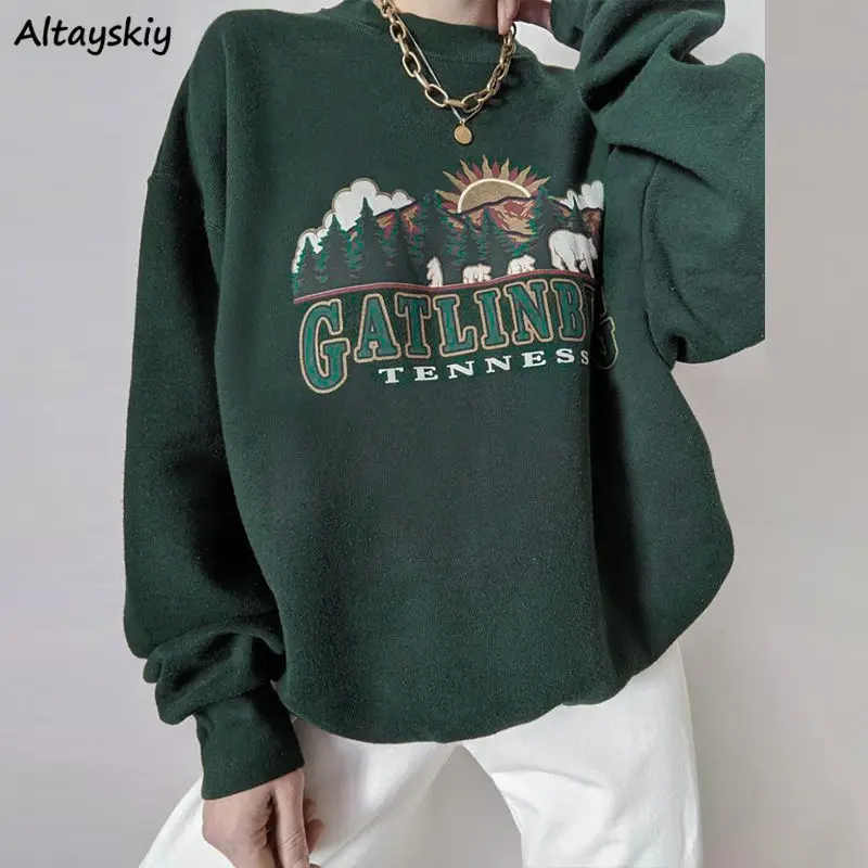 

Women Sweatshirts American Style Print High Street Baggy Hoodies Female Harajuku BF Retro Streetwear Hot Sale O-neck Hoody Tops