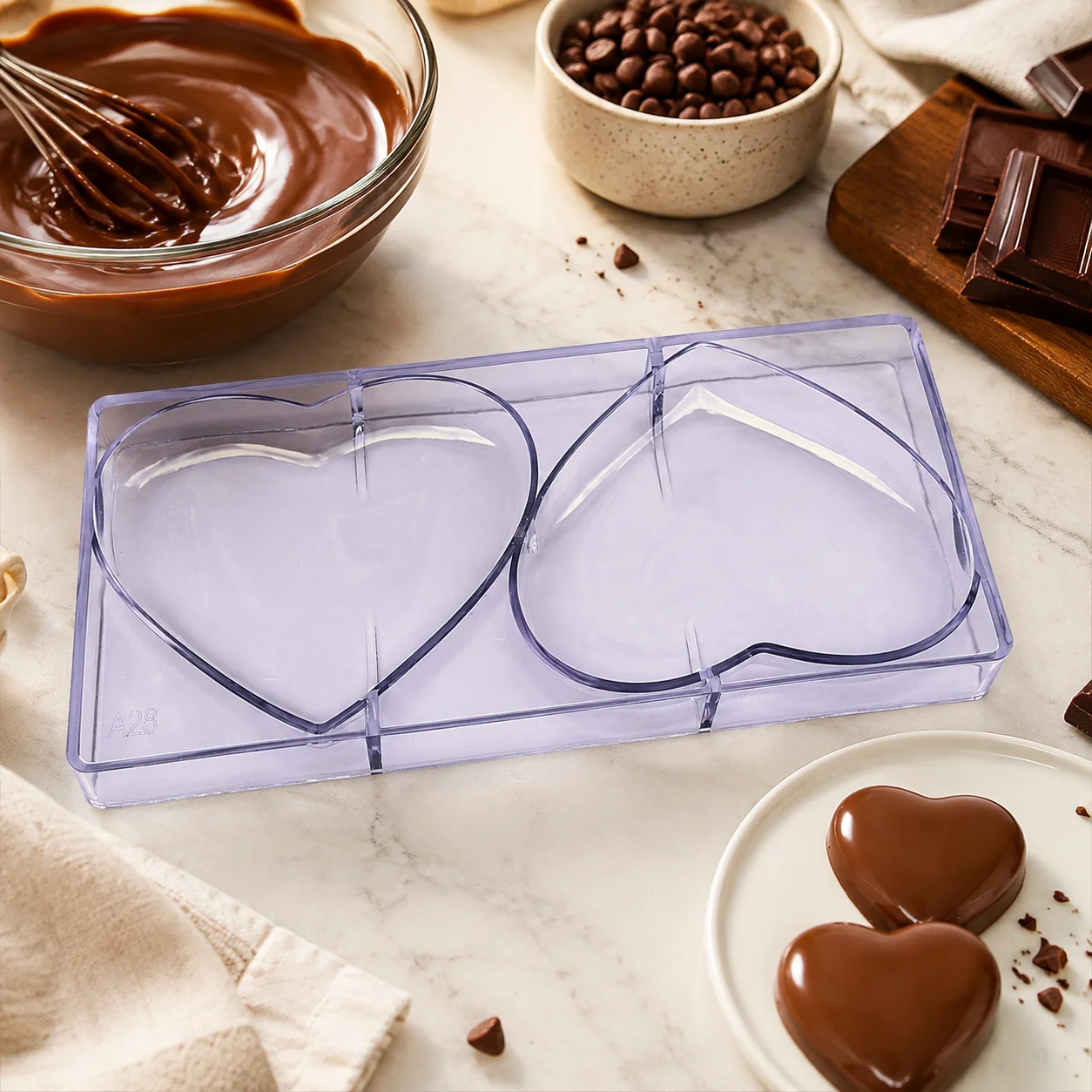 2 Cavity Large Heart Polycarbonate Chocolate Mold, Love Heart Candy Mould, Decorative Big Bonbon Making Mold for Bakery Wedding