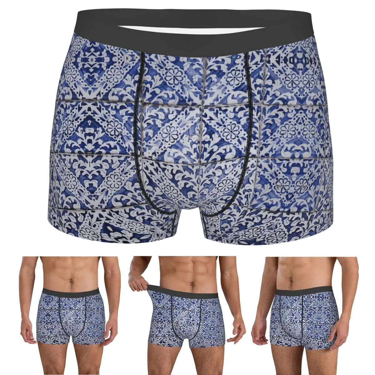 

Boxer Underpants Shorts Portuguese Tiles (Blue & White) Panties Men's Breathable Underwear for Homme Man Boyfriend Gift