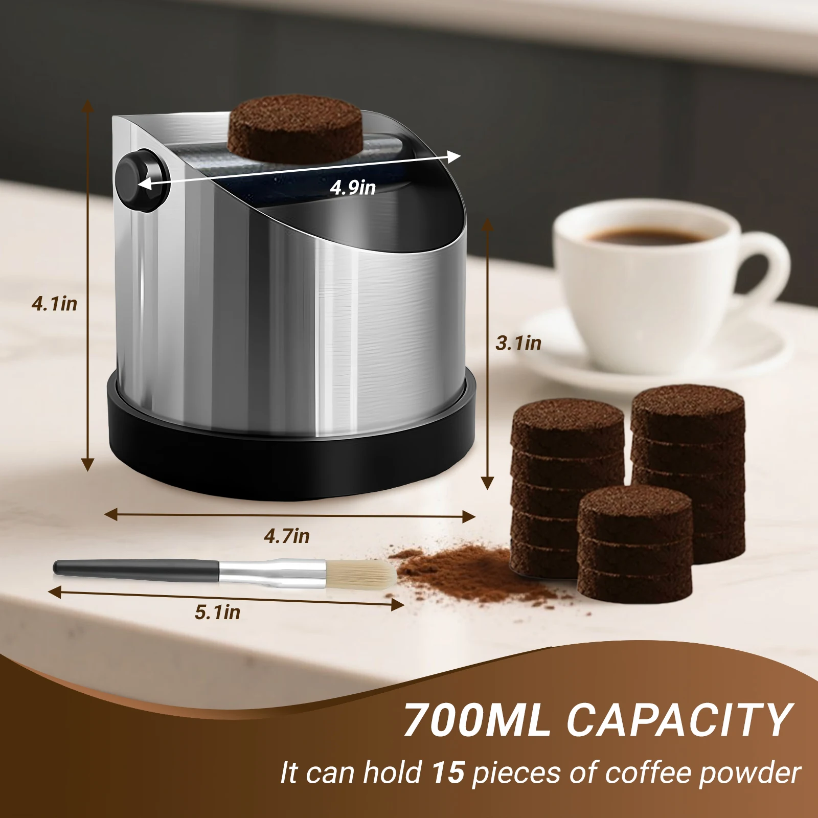 Professional Knock Box for Espresso, Stainless Steel with Detachable Bar & Brush, Easy-Clean Coffee Pucks Disposal Container
