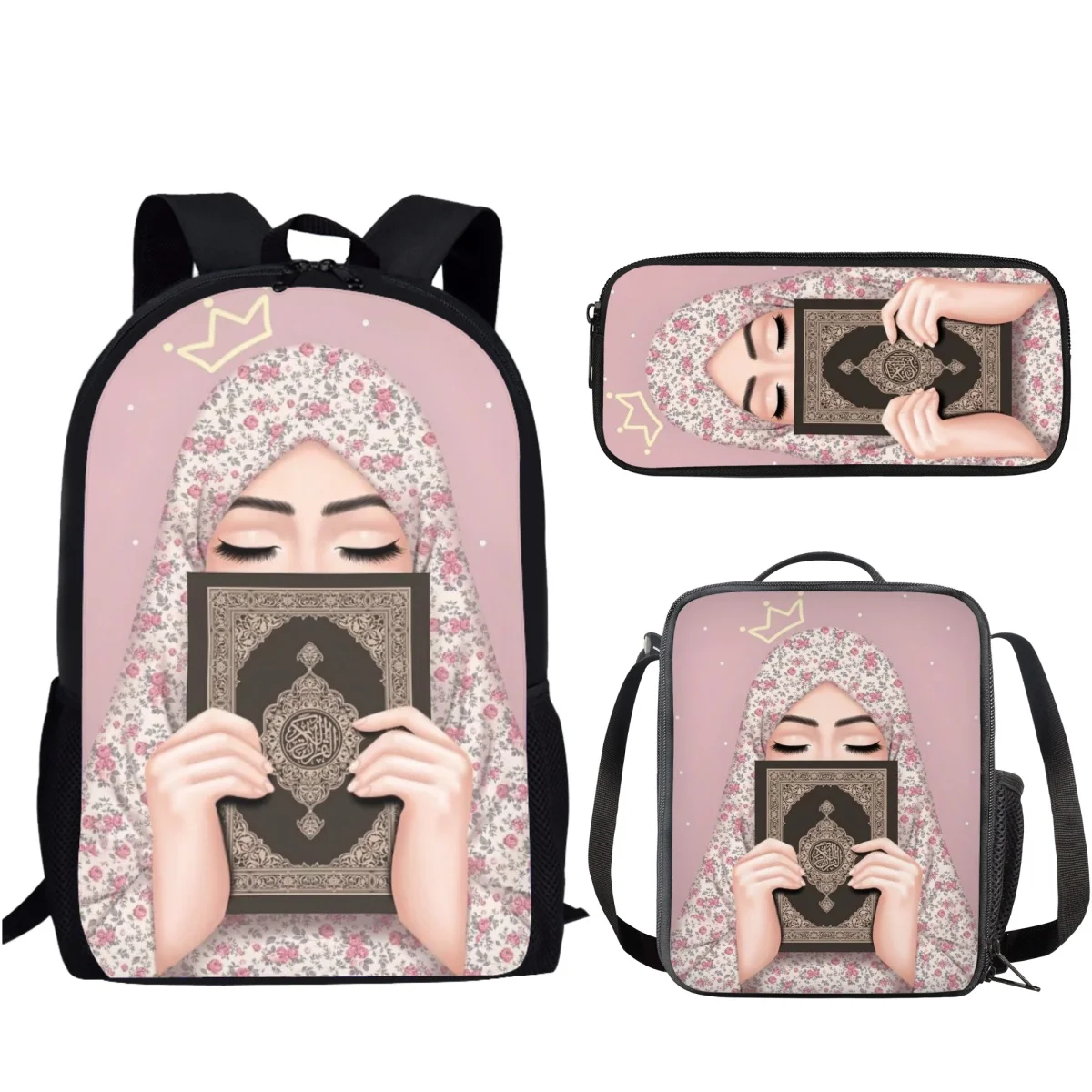 Face Muslim Islamic Girl Eyes 3 Set School Bag Lightweight Backpack for Teen Boys Girl Casual School Bag Lunch Bag Pencil Case