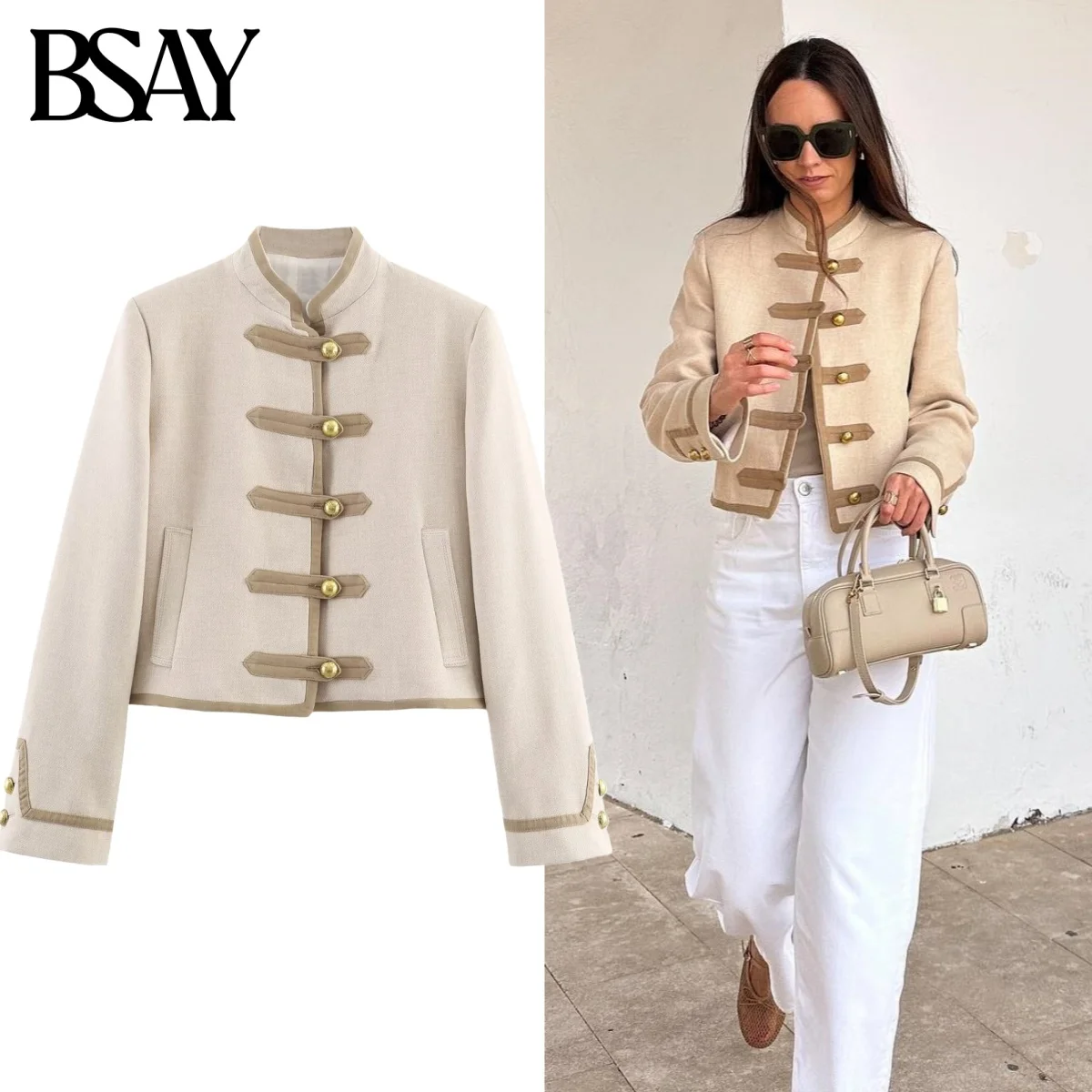 

BSAY Jacket for Women Fashion Autumn Winter New Solid Color Pocket Long Sleeve Single Breasted Stand Collar Short Jackets Coat
