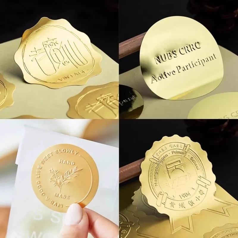 

Custom Matte Gold Matte Silver Embossed Stickers Custom Relief Aluminum Foil Metal Adhesive Envelope Box Sealing Stick