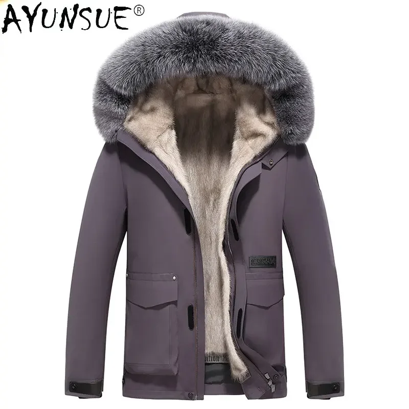 AYUNSUE New Winter Coat Men Clothing 2025 Warm Fur Parkas Mink Fur Liner Detachable Fur Coats and Jackets Fox Collar SGG775