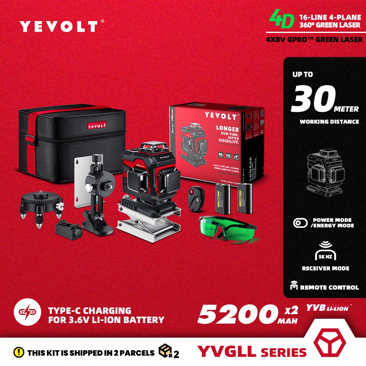 YEVOLT YVGLL4XS16B2PRODP Green Laser Level 4-Plane 16-Line Self-leveling 360 4D - Bag 2 x 3.6V 5.2Ah Power Measuring Tools