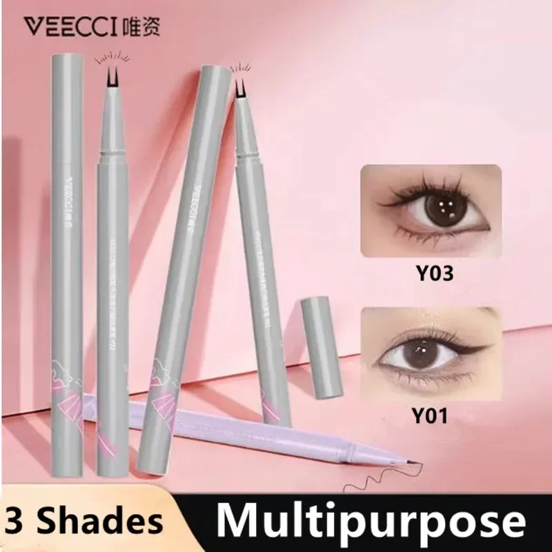 VEECCI-delineador de ojos líquido para cejas, pestañas inferiores, gusano de seda, línea de pelo, pluma, 2 tenedores, herramienta de belleza de ojos impermeable multifuncional