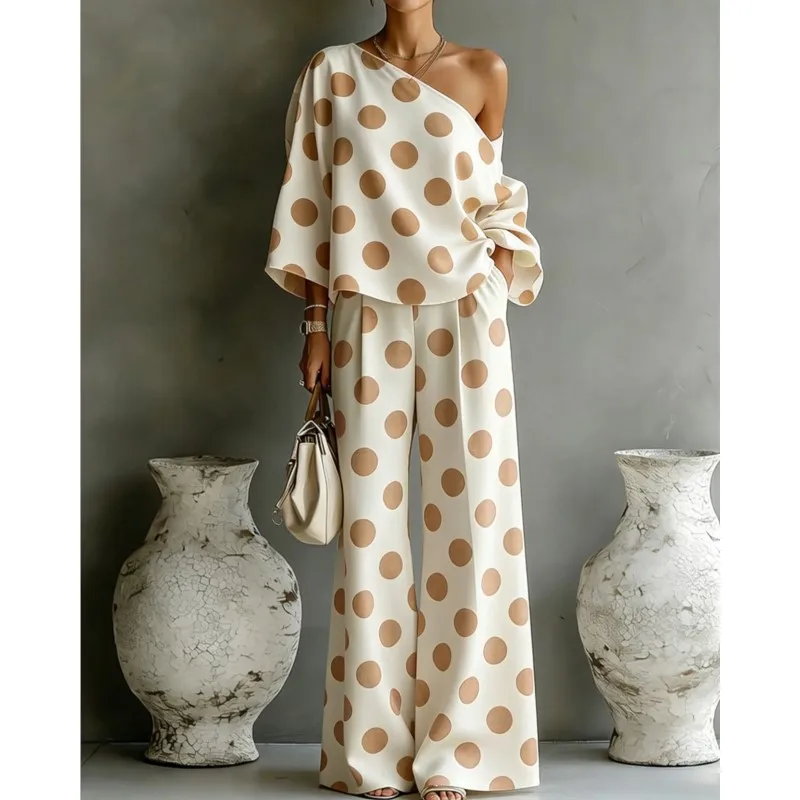 Women's Polka Dot 2 Piece Outfit One Shoulder Blouse And Wide Leg Pants Set Casual Loose Summer Party Tracksuit Elegant New 2026 view 4