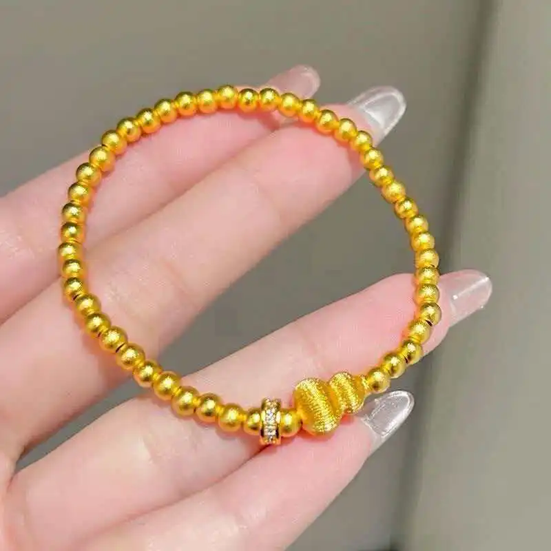 Sparkling Diamond Brushed Gourd Running Bead Bracelet For Women 24K Gold AU999, diamond accents for luxury shine