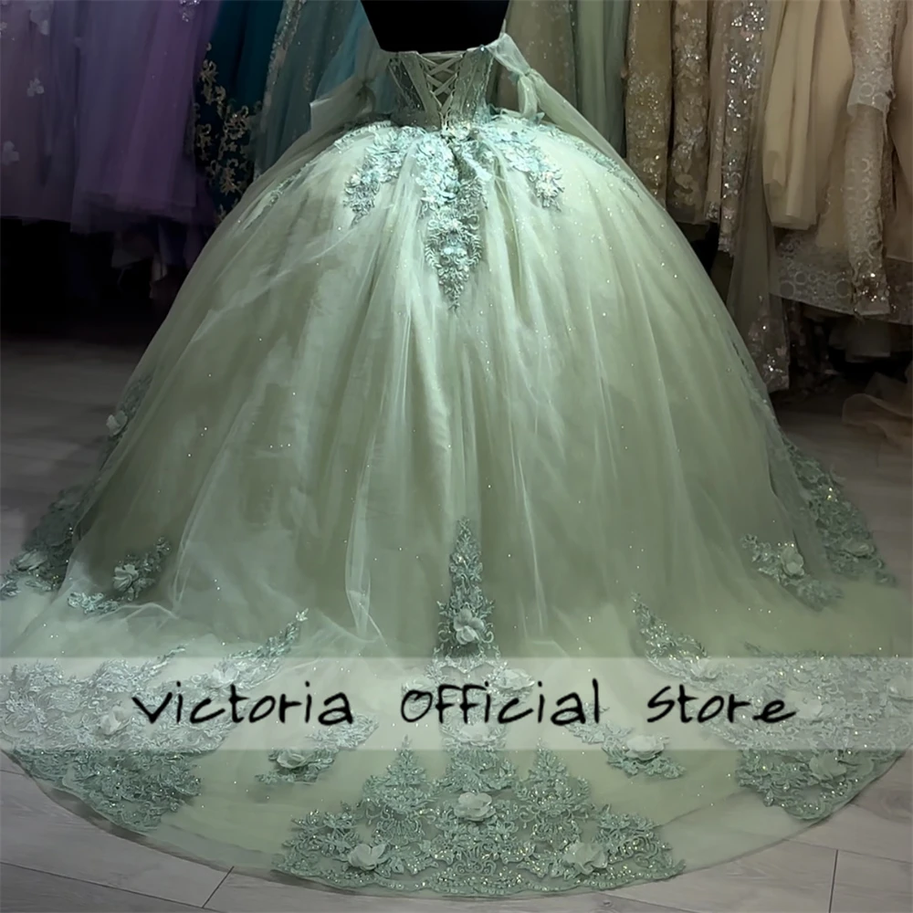 Vestido de baile verde sábio com apliques de renda, Quinceanera, fora do ombro, rosa, Sweet 16, Vestidos formais, 16, 2024