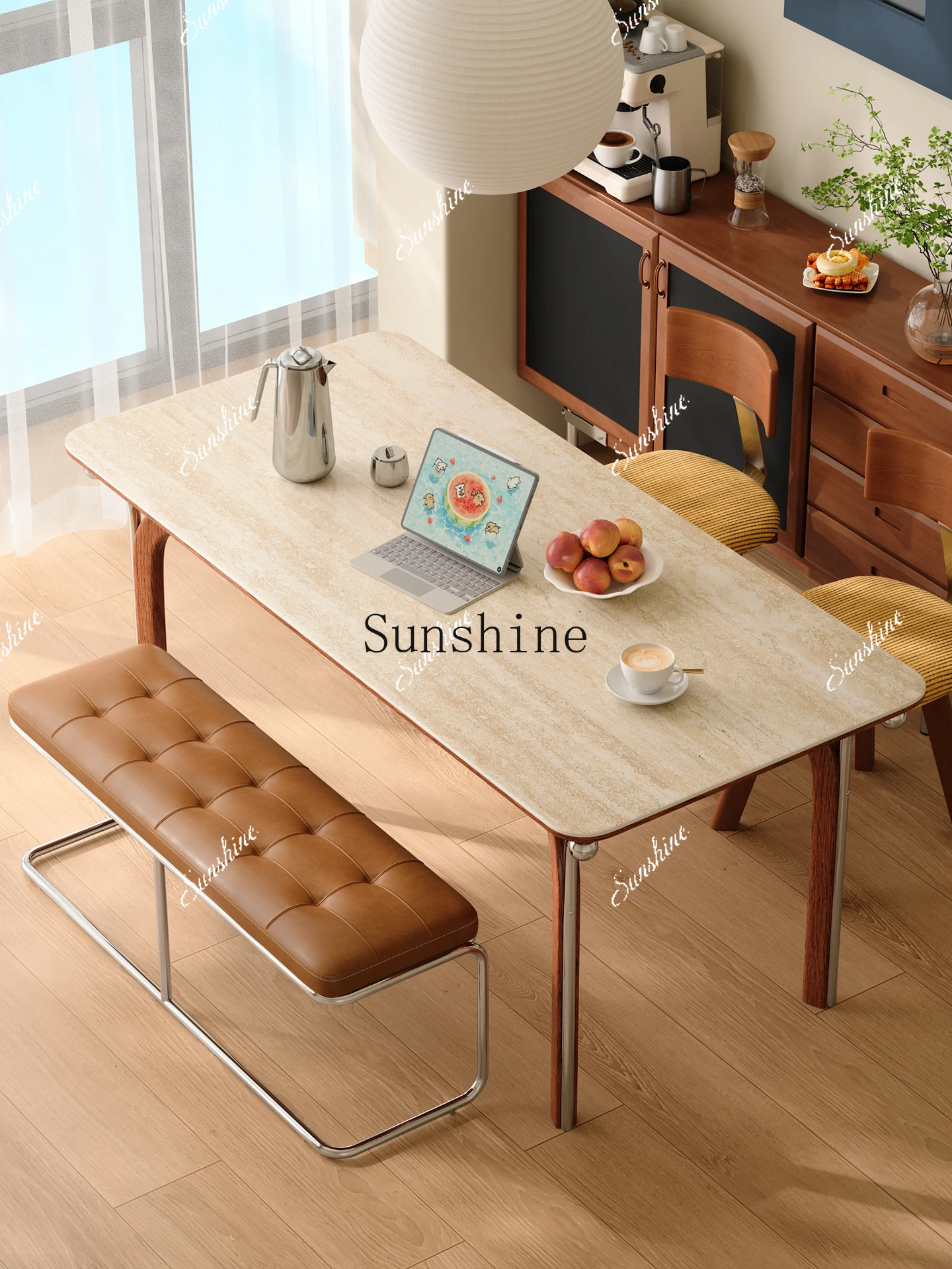 

MSolid wood slate, small apartment rectangular Nordic retro, dining table and chair combination