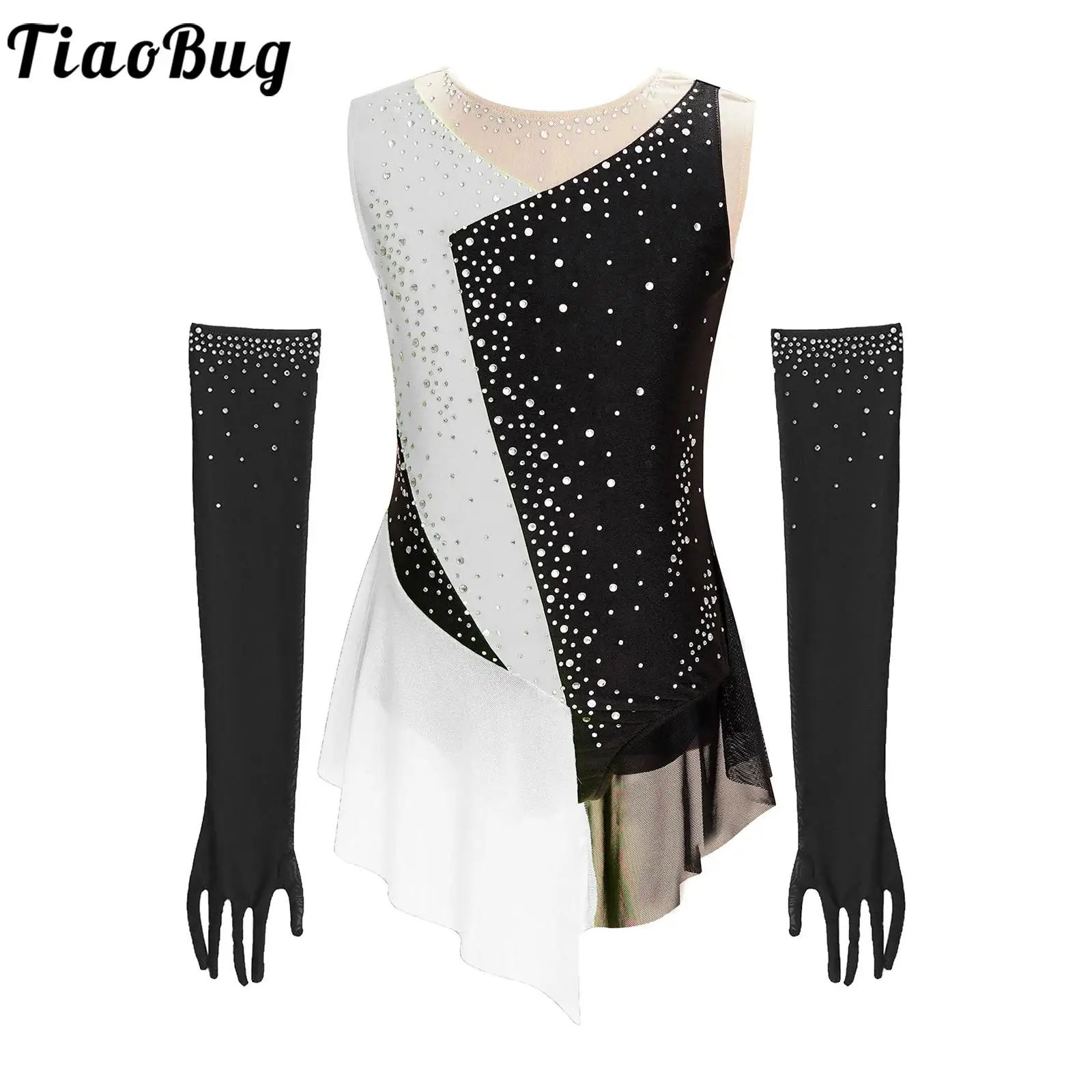 Kids Girls Latin Tango Dance Dress Sleeveless Mesh Shiny Rhinestone Leotard with Gloves for Figure Skating Rhythmic Gymnastics