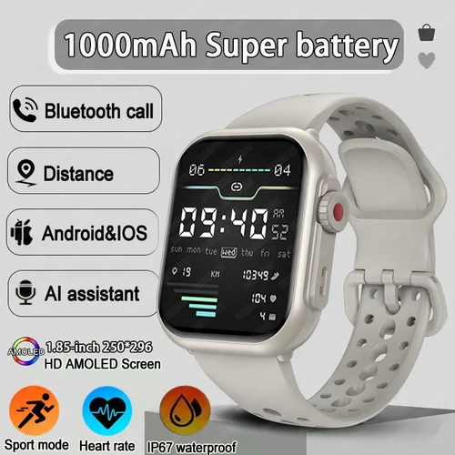 Nuevo reloj inteligente 1000mAh batería de larga duración para hombres mujeres Fitness deportes Bluetooth llamada impermeable 1,85 pulgadas reloj inteligente completamente táctil