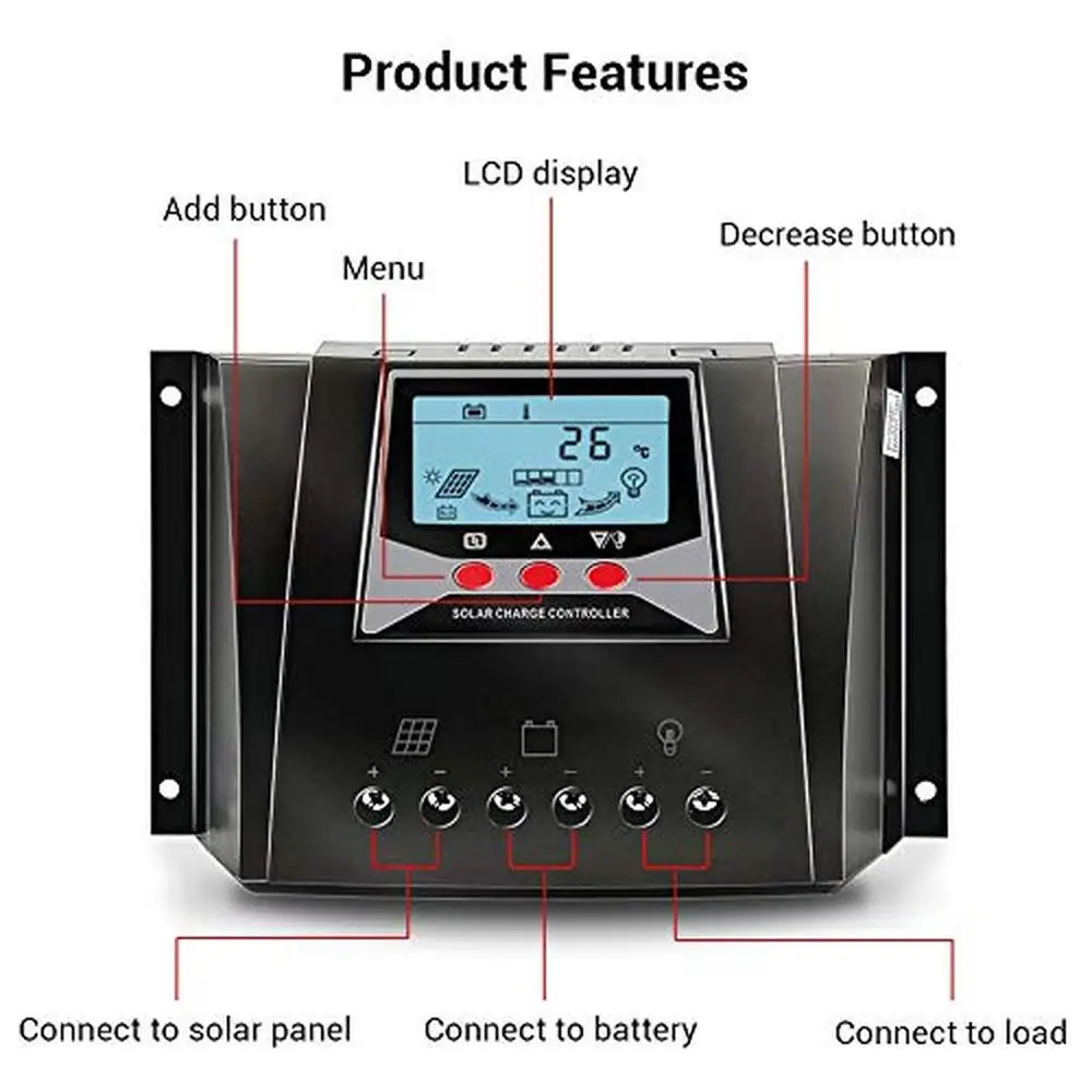 Solar Charge Controller 60A 12V/24V/36V/48V Intelligent PWM Battery Regulator LCD Display Protection